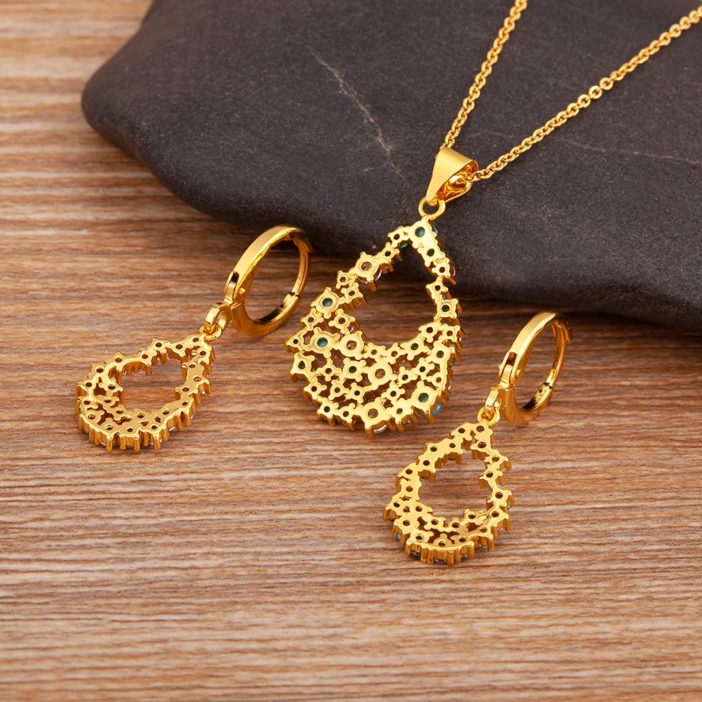 Nidin Water Drop Shape Hollow Design Necklace Earrings Zircon Pendants  Charms Jewelry New Trendy Choker Aesthetic Collares