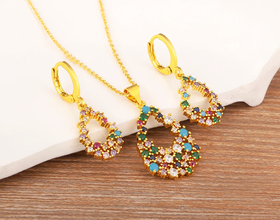 Nidin Water Drop Shape Hollow Design Necklace Earrings Zircon Pendants  Charms Jewelry New Trendy Choker Aesthetic Collares