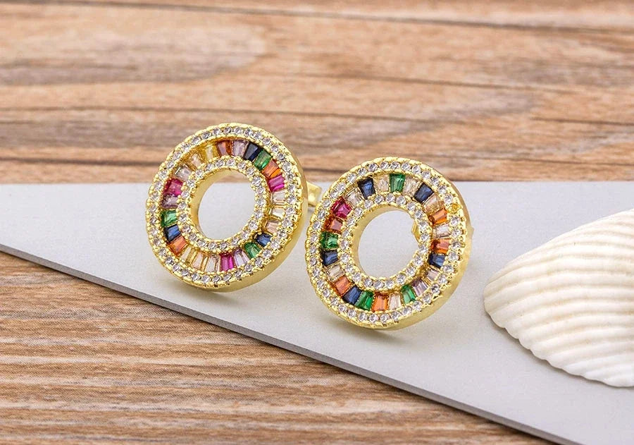 Nidin Luxury Female Crystal Zircon Stone Earrings Fashion Copper CZ Rainbow Jewelry Romantic Boho Stud Earrings For Women Girls