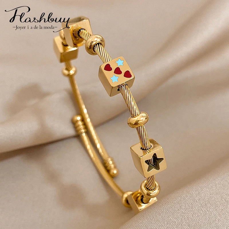 Flashbuy Trend Heart Love Stars Dice Charm Stainless Steel Bangles Bracelets for Women New 18k Gold Plated Waterproof Jewelry