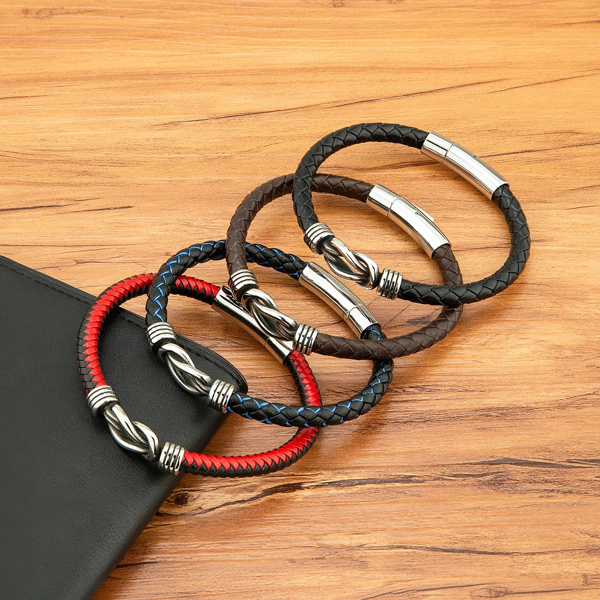 TYO Minimalist Sport Style Men Stainless Steel Woven Genuine Leather Bracelet Toggle-Clasps Design Fashion Bangle Birthday Gift