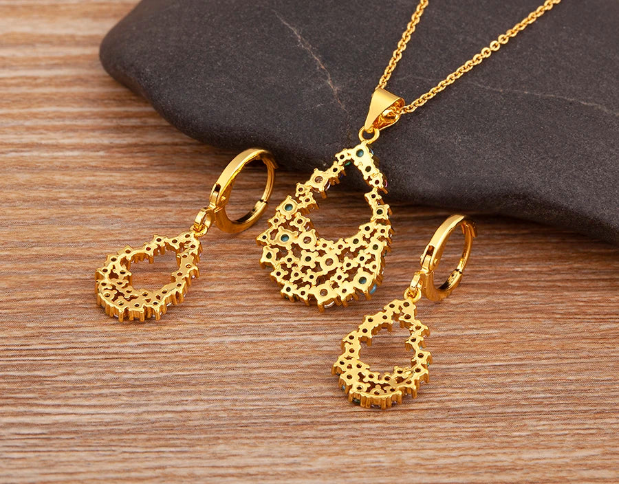 Nidin Water Drop Shape Hollow Design Necklace Earrings Zircon Pendants  Charms Jewelry New Trendy Choker Aesthetic Collares