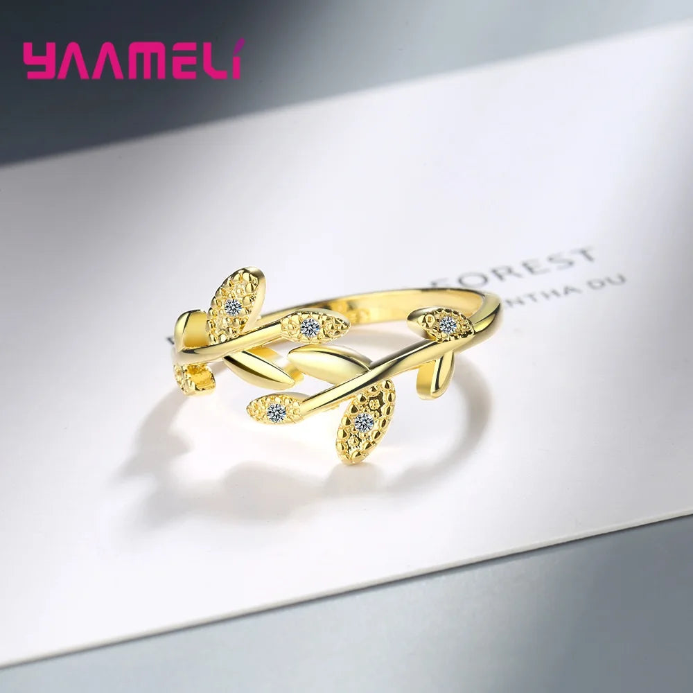 New Crystal 925 Sterling Silver Tree Branch Leaf Adjustable Finger Wedding Rings S925 Zircon Open Ring Glamour Jewelry Gift