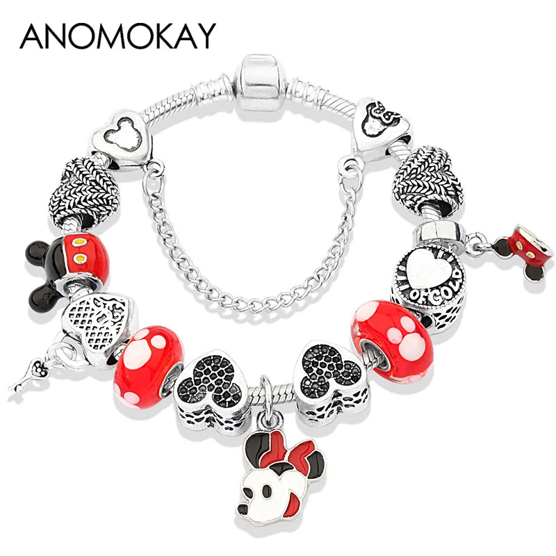 Dropshipping HOT Red Crystal Mickey Minnie Beads Bracelet & Bangle Silver Plated Family Charm Bracelet Fashion Diy Jewelry Gift