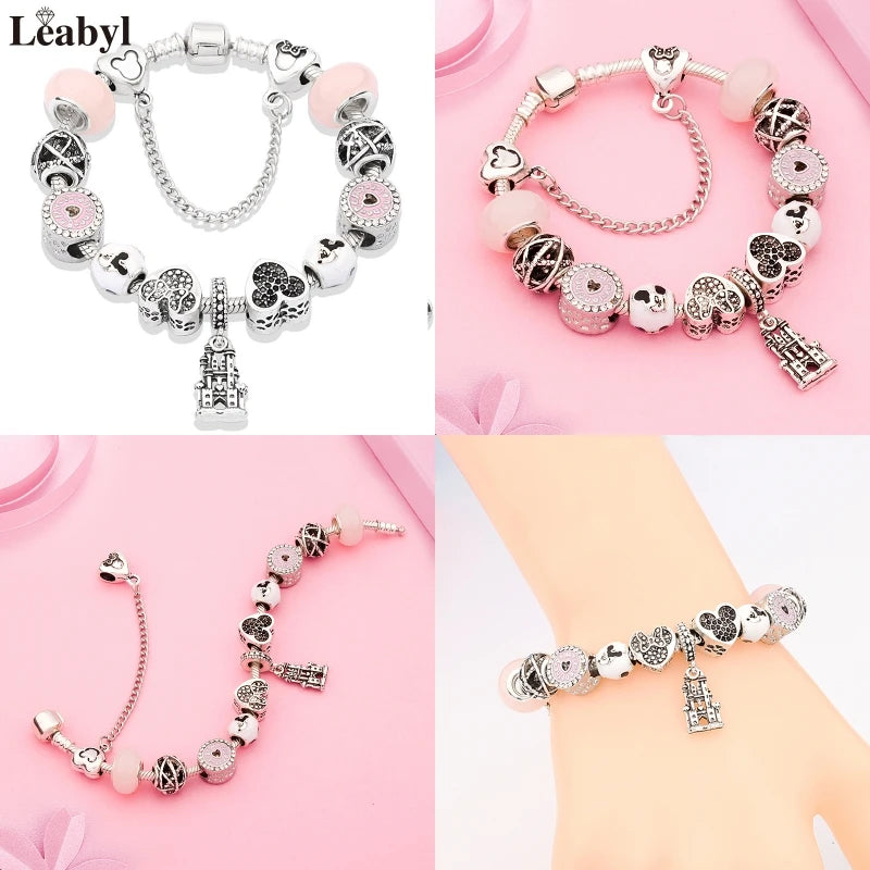 New In Cartoon Mickey Minnie Pendant Charm Bracelet Heart Bowknot Beaded Bracelets & Bangles