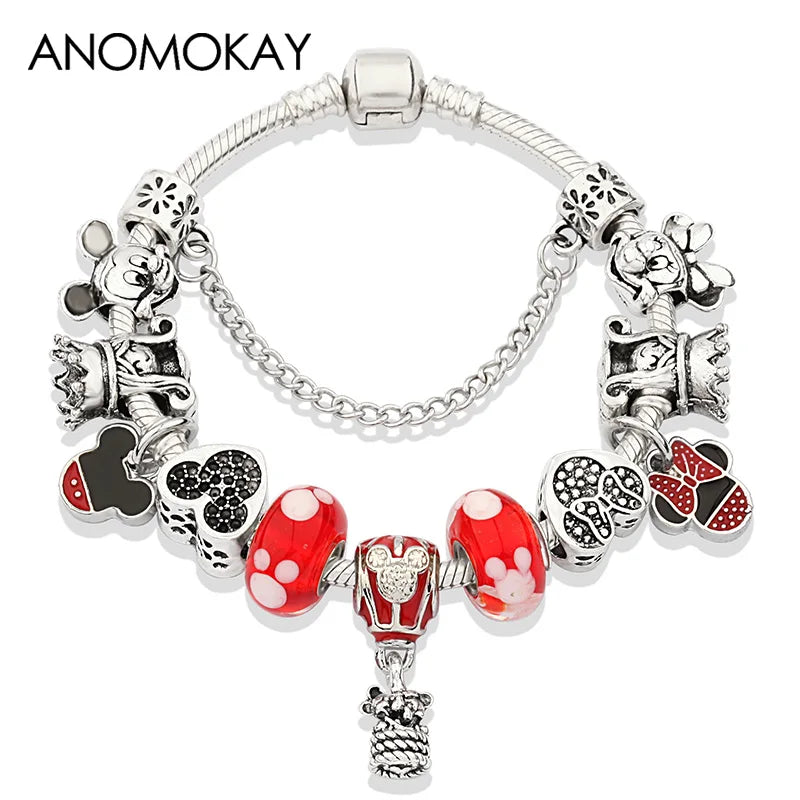 Dropshipping HOT Red Crystal Mickey Minnie Beads Bracelet & Bangle Silver Plated Family Charm Bracelet Fashion Diy Jewelry Gift