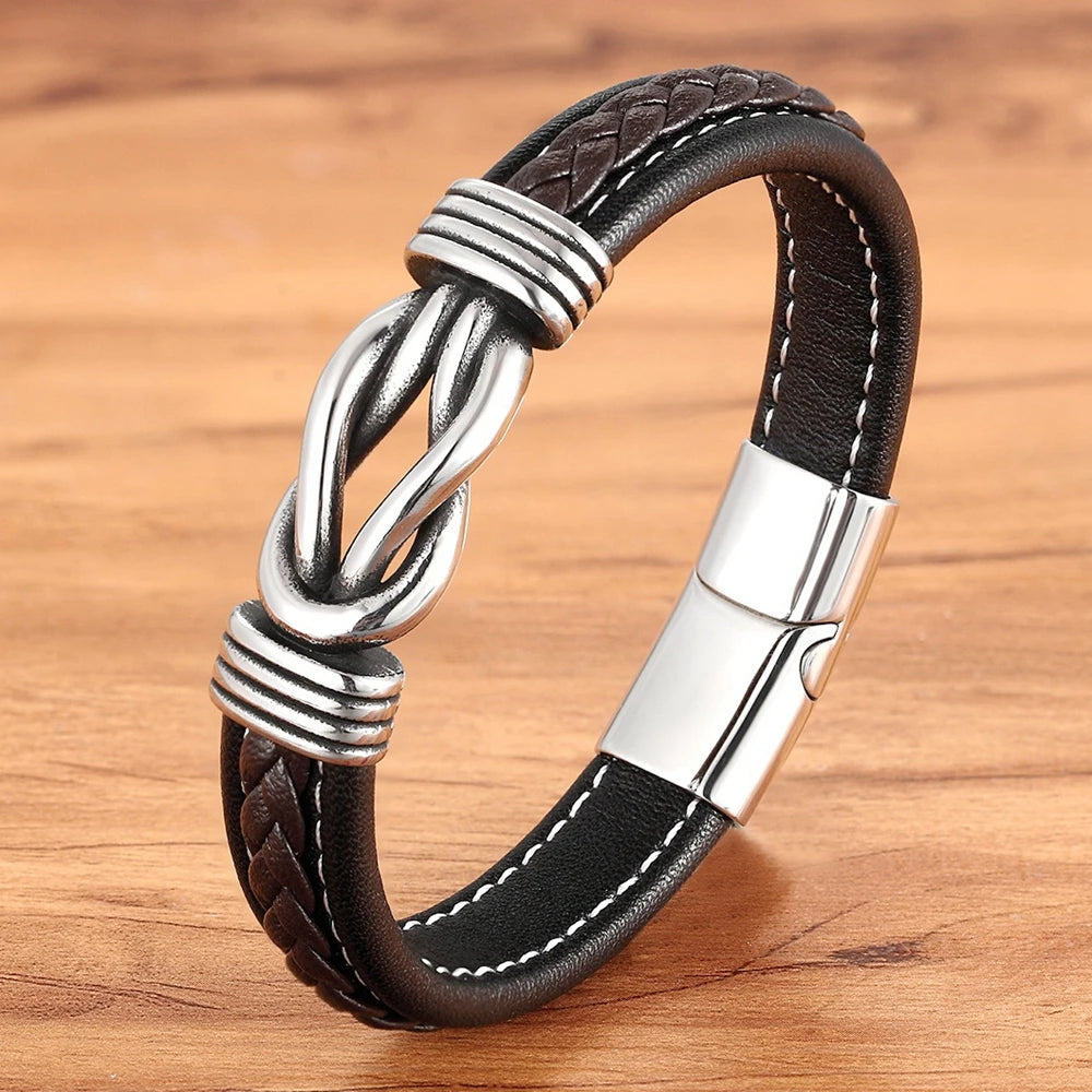 XQNI Fashion Irregular Graphic Accessories Men's Leather Bracelet Stainless Steel Combination for Birthday Commemorative Gifts