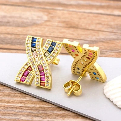 Nidin Luxury Female Crystal Zircon Stone Earrings Fashion Copper CZ Rainbow Jewelry Romantic Boho Stud Earrings For Women Girls