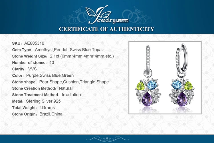 JewelryPalace Natural Amethyst Blue Topaz Peridot Chrome Diopside Flower Dangle Drop Earrings 925 Sterling Silver Women Jewelry