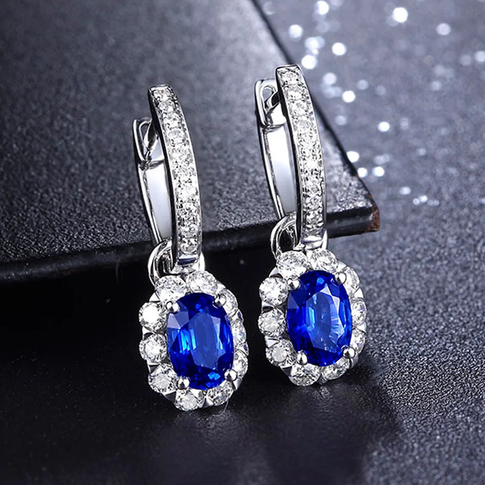 Blue Crystal Sapphire Gemstones Clip On Hoop Drop Earrings for Women white Gold Color Brincos Jewelry Trendy Accessories Gifts