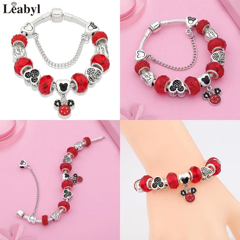 New In Cartoon Mickey Minnie Pendant Charm Bracelet Heart Bowknot Beaded Bracelets & Bangles