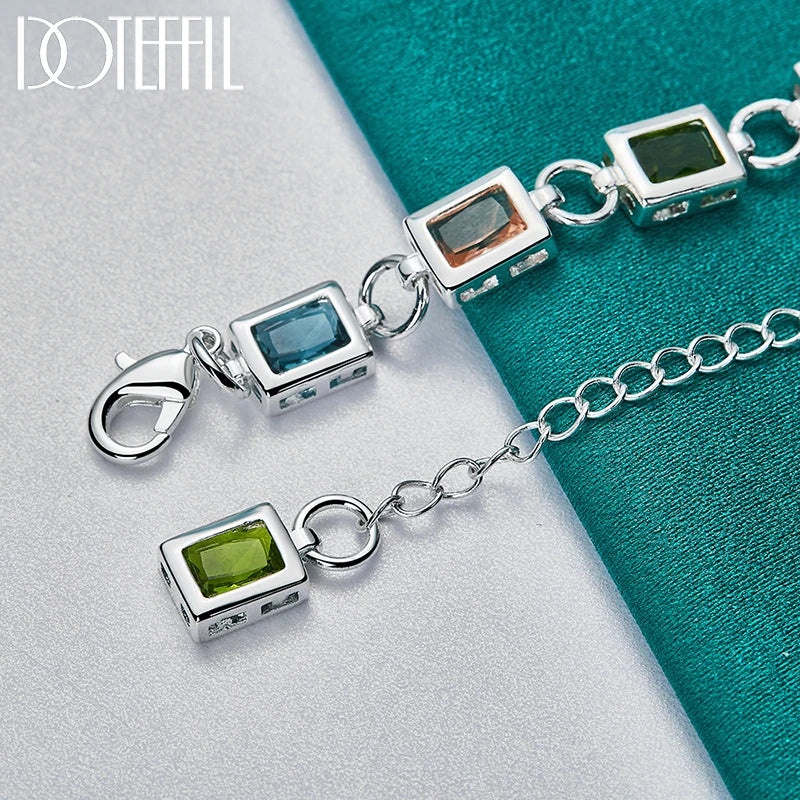 DOTEFFIL 925 Sterling Silver Square inlaid With Multi-color AAA Zircon Bracelet Chain For Woman Engagement Party Wedding Jewelry