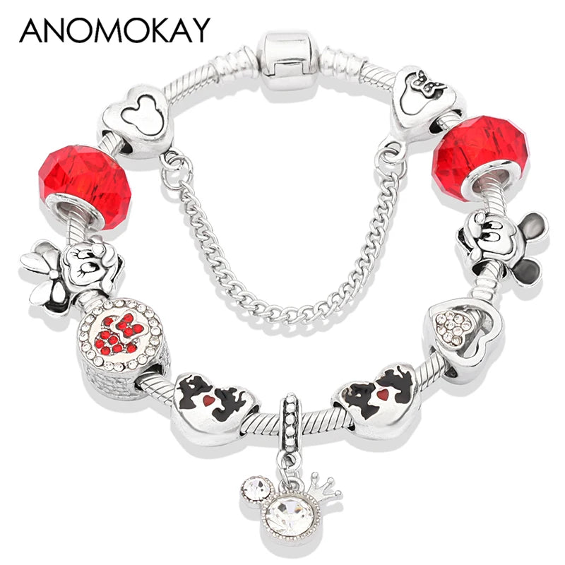 Dropshipping HOT Red Crystal Mickey Minnie Beads Bracelet & Bangle Silver Plated Family Charm Bracelet Fashion Diy Jewelry Gift