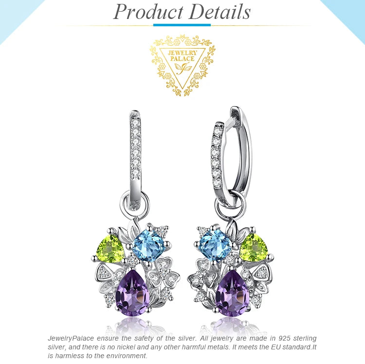 JewelryPalace Natural Amethyst Blue Topaz Peridot Chrome Diopside Flower Dangle Drop Earrings 925 Sterling Silver Women Jewelry