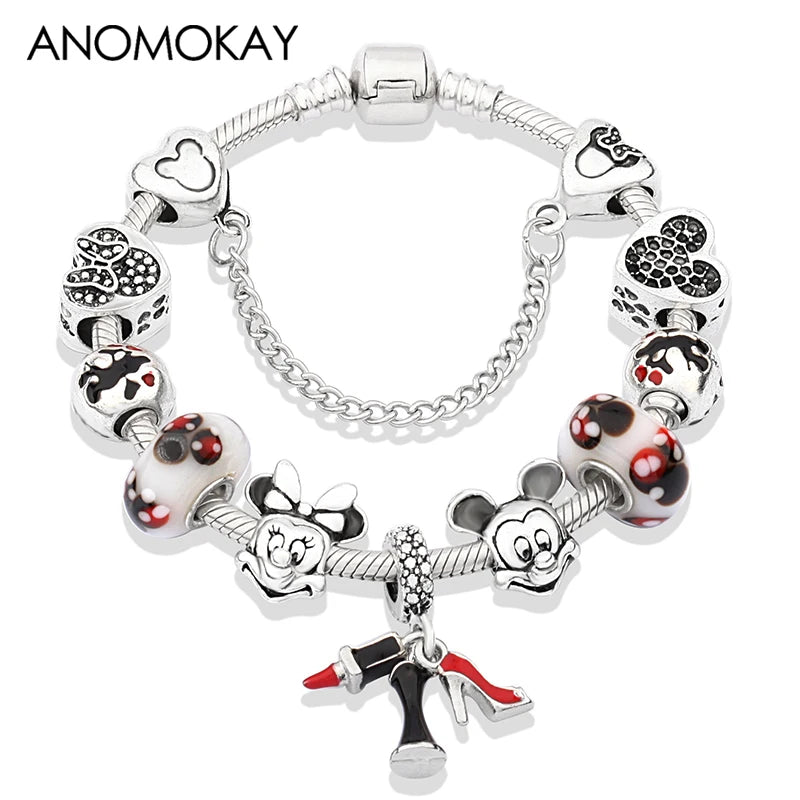 Dropshipping HOT Red Crystal Mickey Minnie Beads Bracelet & Bangle Silver Plated Family Charm Bracelet Fashion Diy Jewelry Gift