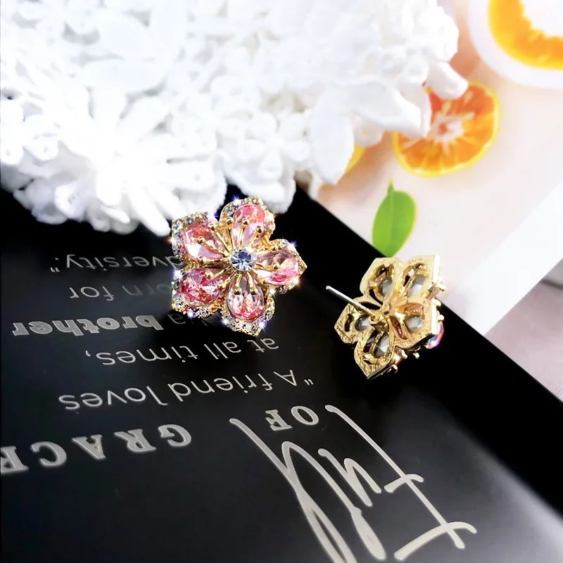 Korean Light Luxury Crystal Flower Earrings for Women Pink Sweet Cherry Blossom Zircon Earrings Girls Party Jewelry Bijoux Gifts