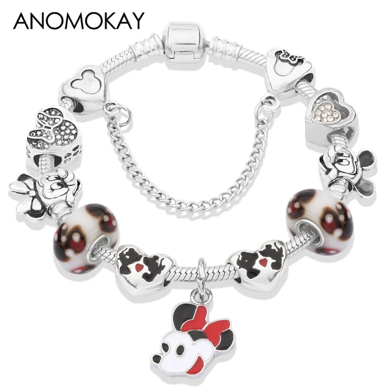 Dropshipping HOT Red Crystal Mickey Minnie Beads Bracelet & Bangle Silver Plated Family Charm Bracelet Fashion Diy Jewelry Gift