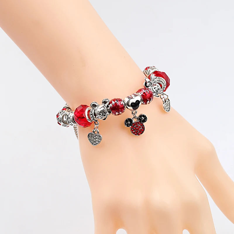 Dropshipping HOT Red Crystal Mickey Minnie Beads Bracelet & Bangle Silver Plated Family Charm Bracelet Fashion Diy Jewelry Gift