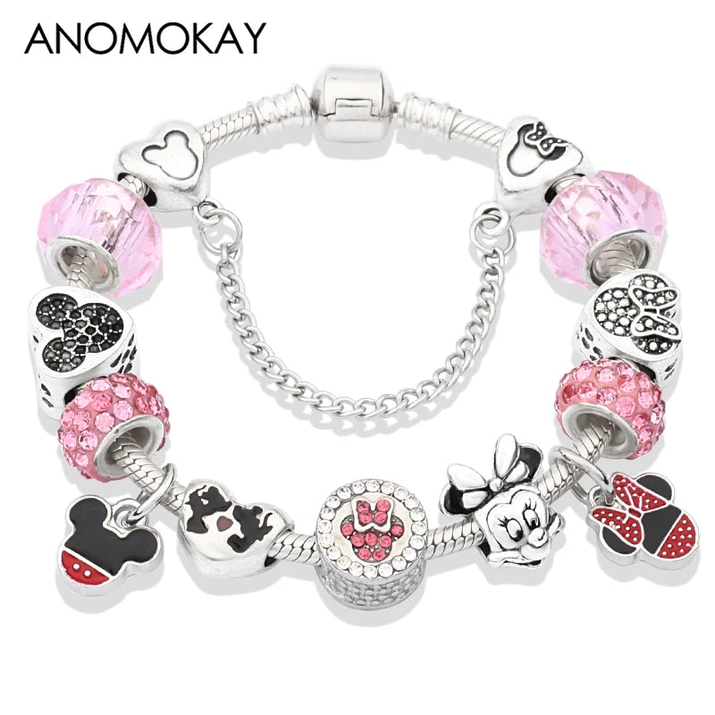 Dropshipping HOT Red Crystal Mickey Minnie Beads Bracelet & Bangle Silver Plated Family Charm Bracelet Fashion Diy Jewelry Gift