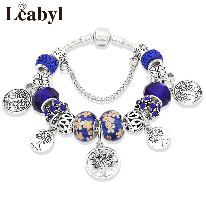 Dropshipping Silver Color Tree of Life Fashion Bead Bracelets Green Leaf Floral Crystal Charm Bracelet & Bangle Pulsera Jewelry