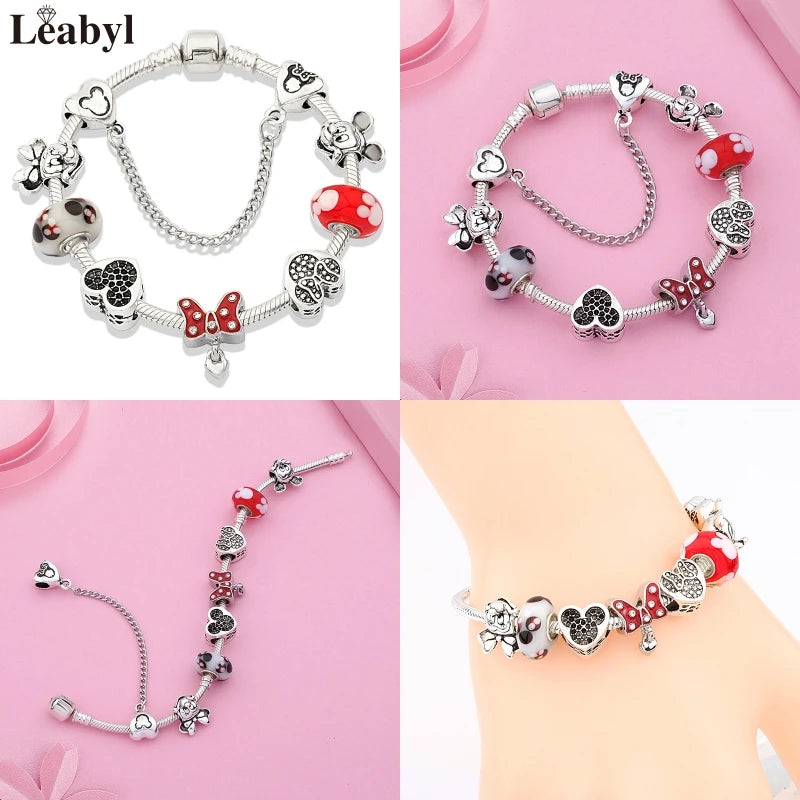 New In Cartoon Mickey Minnie Pendant Charm Bracelet Heart Bowknot Beaded Bracelets & Bangles