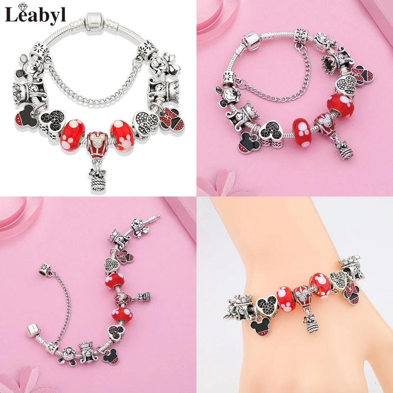 New In Cartoon Mickey Minnie Pendant Charm Bracelet Heart Bowknot Beaded Bracelets & Bangles