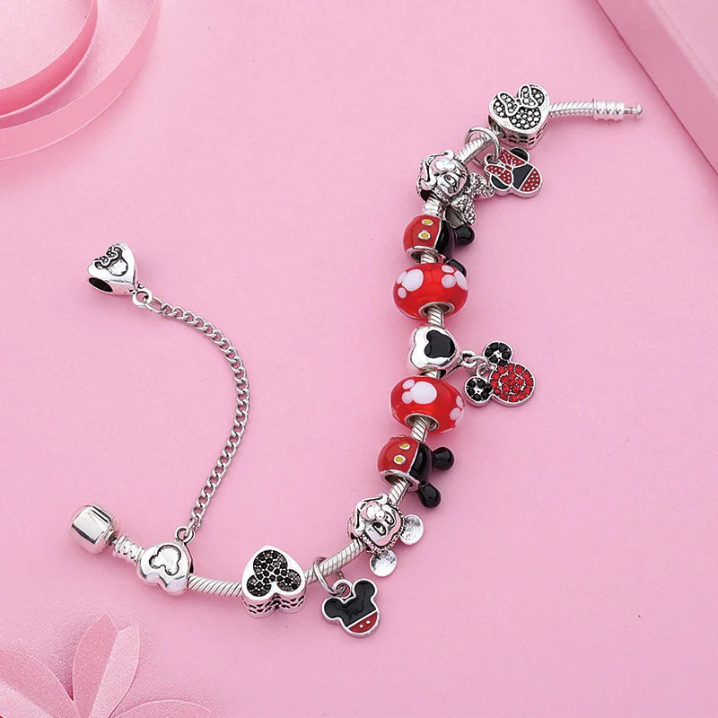 Dropshipping HOT Red Crystal Mickey Minnie Beads Bracelet & Bangle Silver Plated Family Charm Bracelet Fashion Diy Jewelry Gift