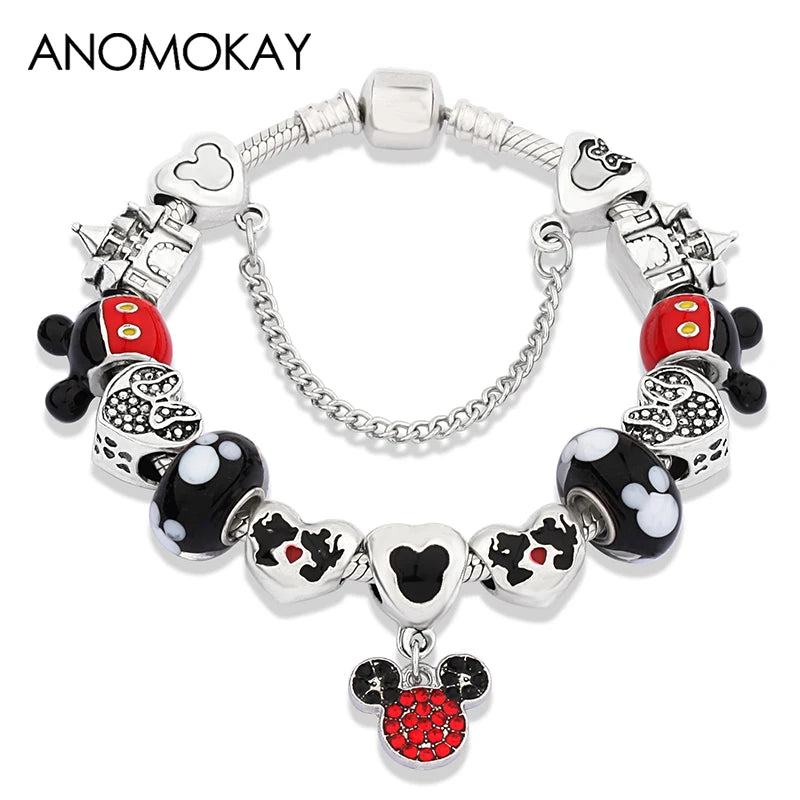 Dropshipping HOT Red Crystal Mickey Minnie Beads Bracelet & Bangle Silver Plated Family Charm Bracelet Fashion Diy Jewelry Gift