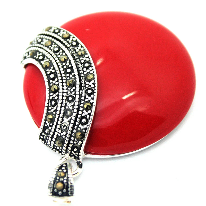 RARE 925 STERLING SILVER RED CORAL  ROUND HUGE MARCASITE PENDANT 35*35mm