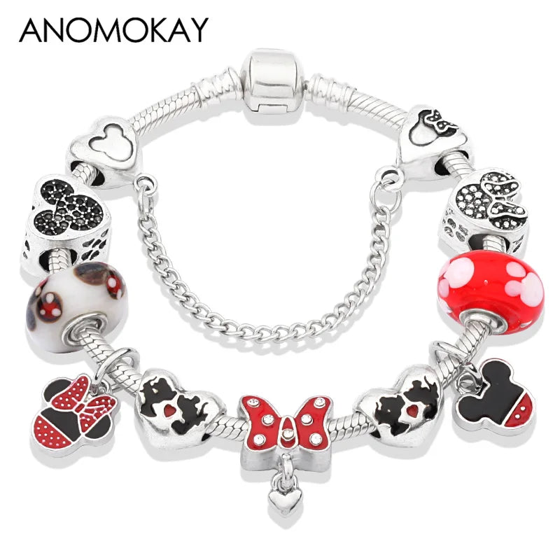 Dropshipping HOT Red Crystal Mickey Minnie Beads Bracelet & Bangle Silver Plated Family Charm Bracelet Fashion Diy Jewelry Gift