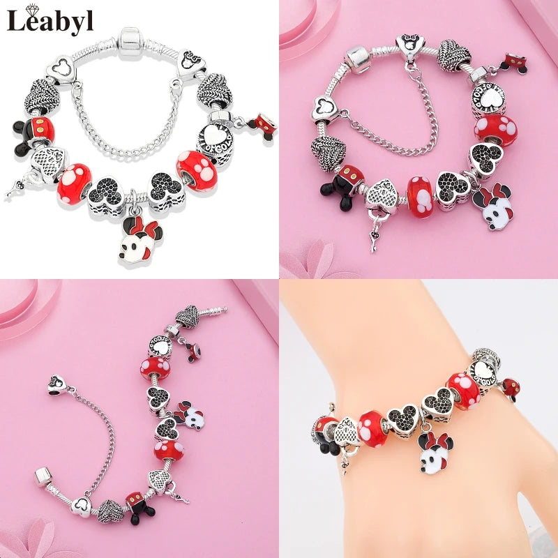 New In Cartoon Mickey Minnie Pendant Charm Bracelet Heart Bowknot Beaded Bracelets & Bangles