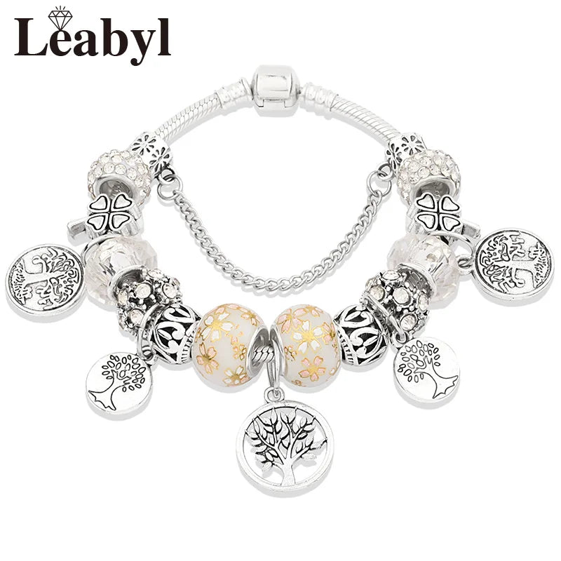 Dropshipping Silver Color Tree of Life Fashion Bead Bracelets Green Leaf Floral Crystal Charm Bracelet & Bangle Pulsera Jewelry