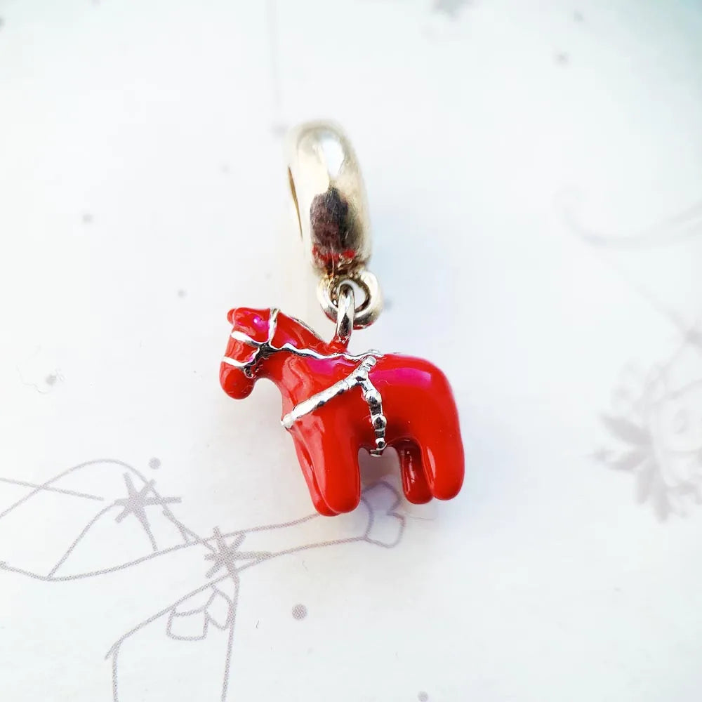 Red Dalarna Horse Pendant 925 Sterling Silver Dangle Charm Fit Bracelet Necklace Women Men Vintage Fine Jewelry