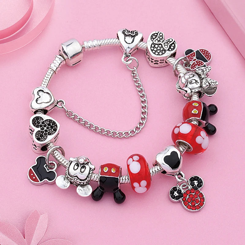 Dropshipping HOT Red Crystal Mickey Minnie Beads Bracelet & Bangle Silver Plated Family Charm Bracelet Fashion Diy Jewelry Gift