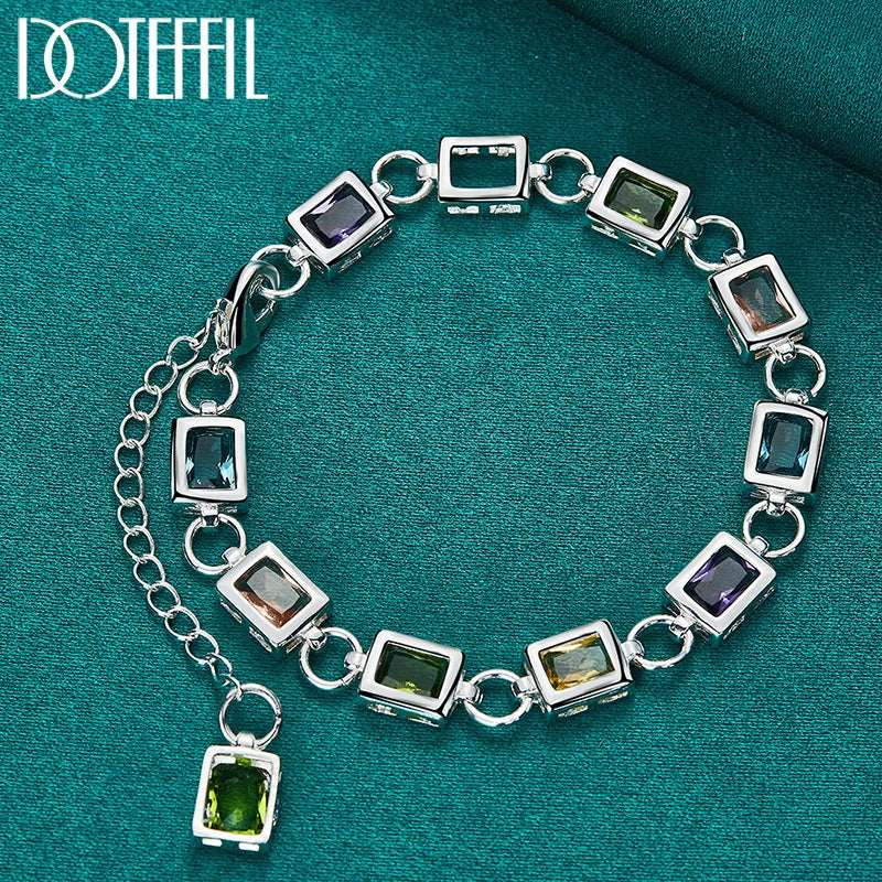 DOTEFFIL 925 Sterling Silver Square inlaid With Multi-color AAA Zircon Bracelet Chain For Woman Engagement Party Wedding Jewelry