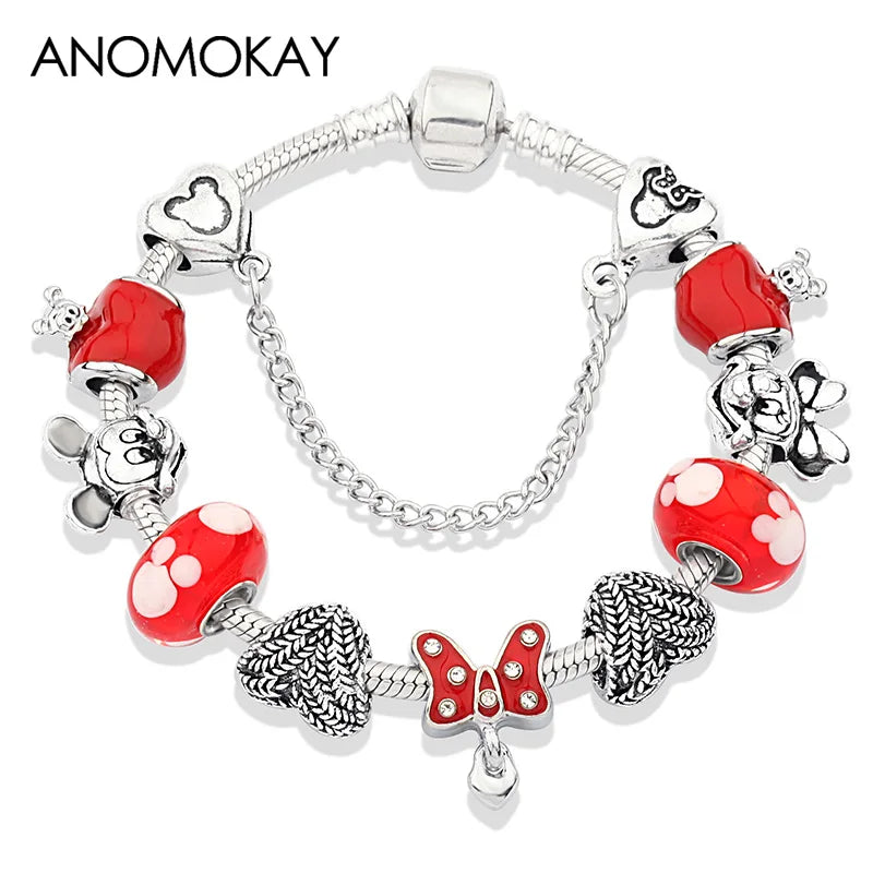 Dropshipping HOT Red Crystal Mickey Minnie Beads Bracelet & Bangle Silver Plated Family Charm Bracelet Fashion Diy Jewelry Gift