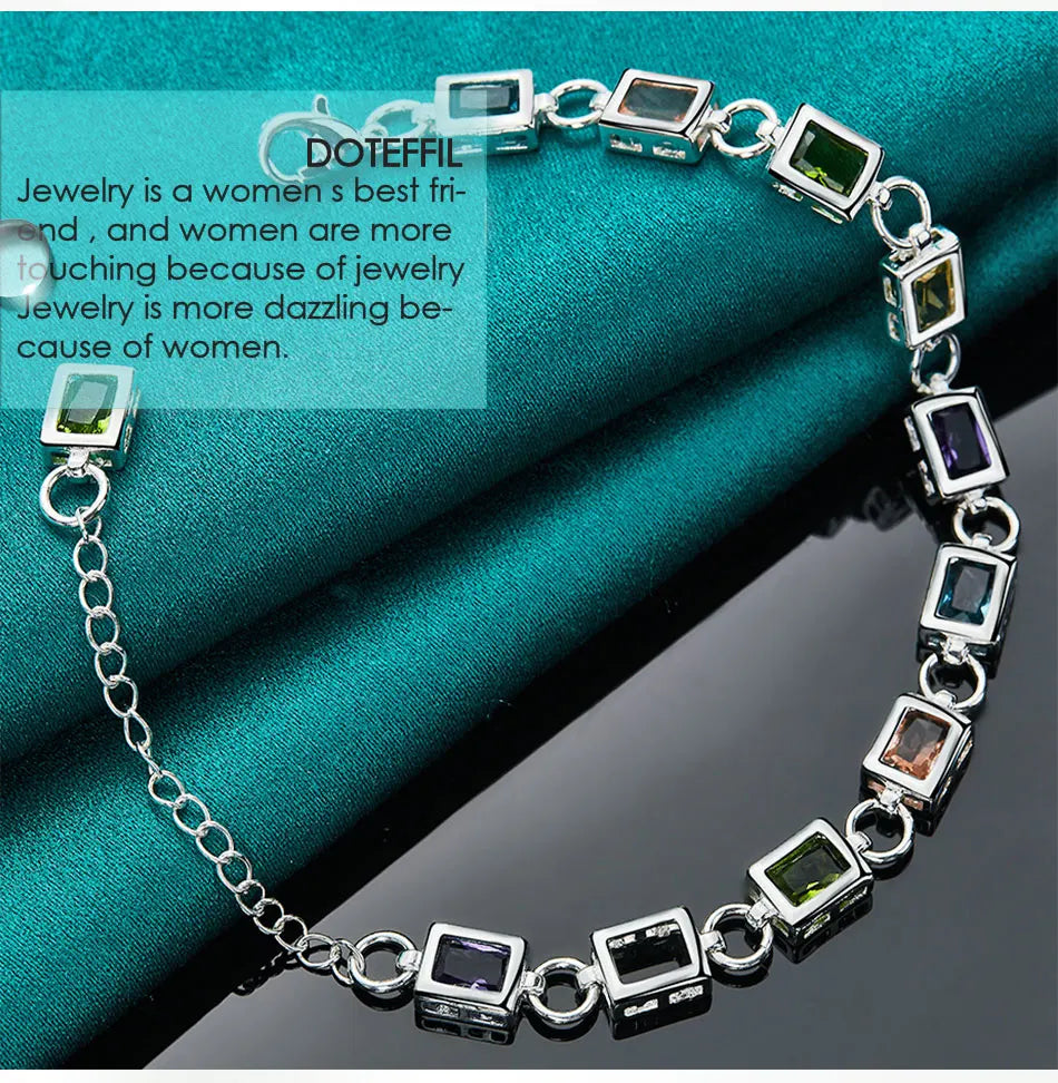 DOTEFFIL 925 Sterling Silver Square inlaid With Multi-color AAA Zircon Bracelet Chain For Woman Engagement Party Wedding Jewelry