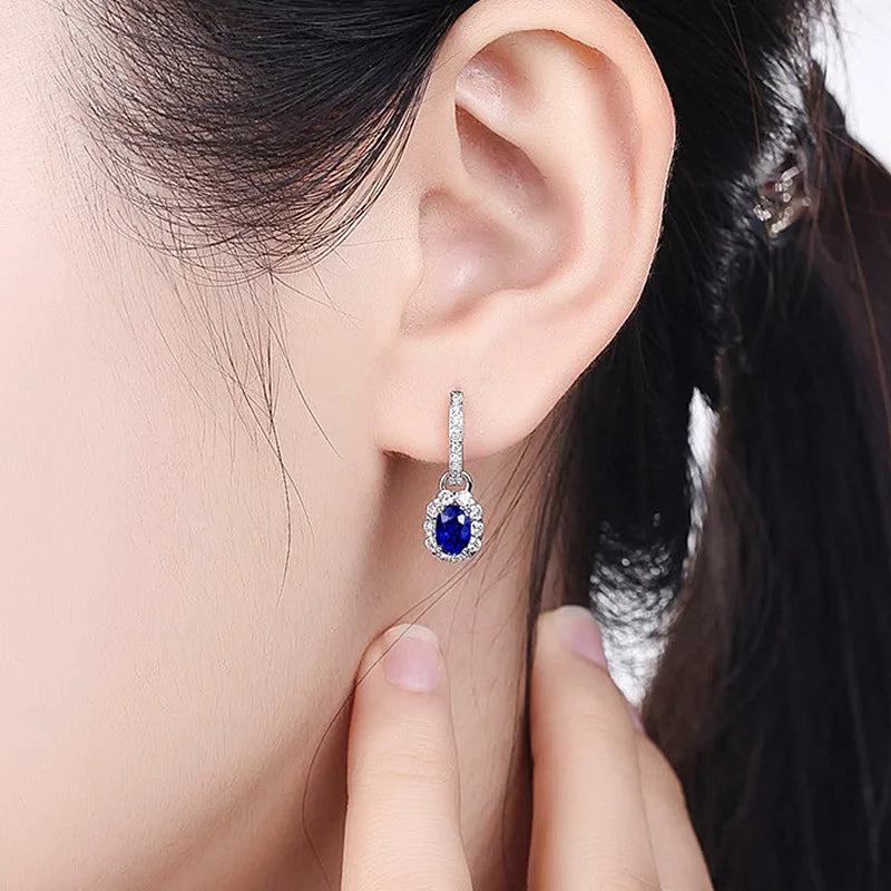 Blue Crystal Sapphire Gemstones Clip On Hoop Drop Earrings for Women white Gold Color Brincos Jewelry Trendy Accessories Gifts