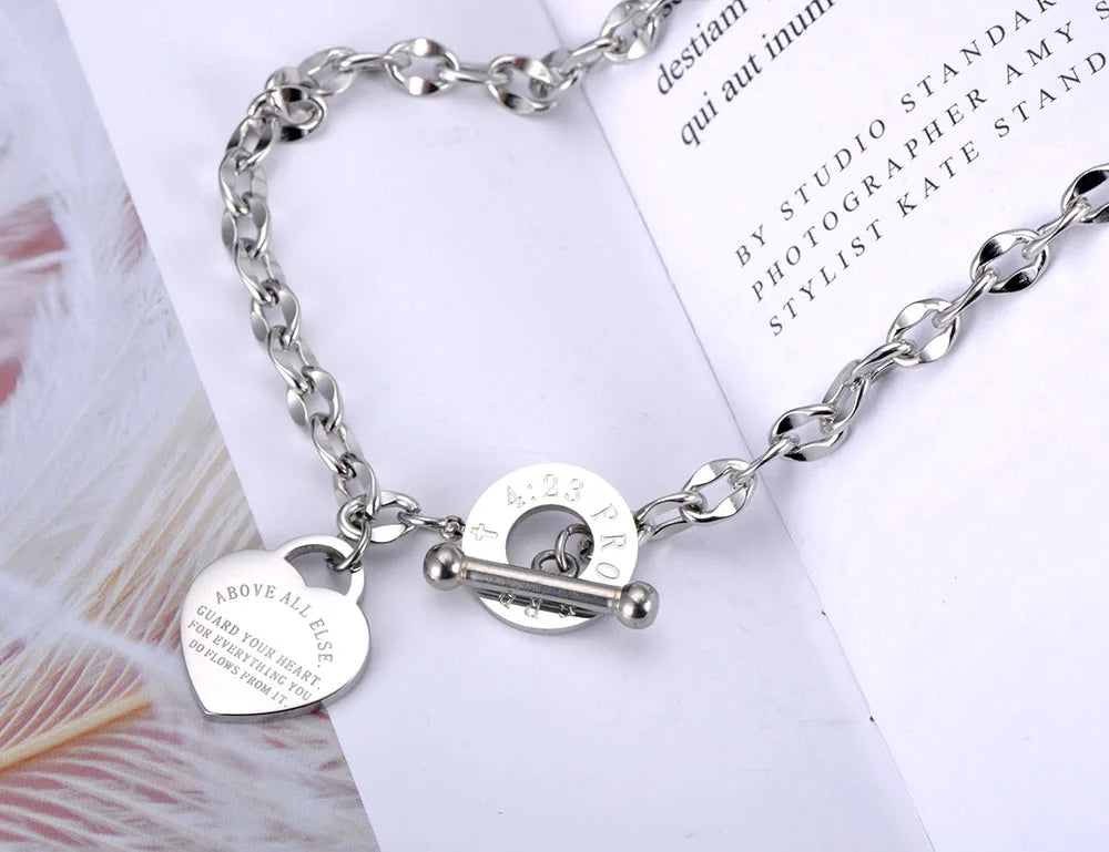 Lokaer Trendy Titanium Stainless Steel Heart Charm Bracelet Necklace Sets Classic Love Bible Proverbs 4:23 O-Chain Jewelry SE056