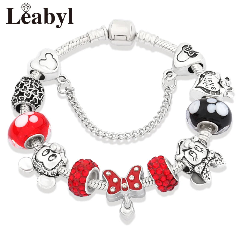 New In Cartoon Mickey Minnie Pendant Charm Bracelet Heart Bowknot Beaded Bracelets & Bangles