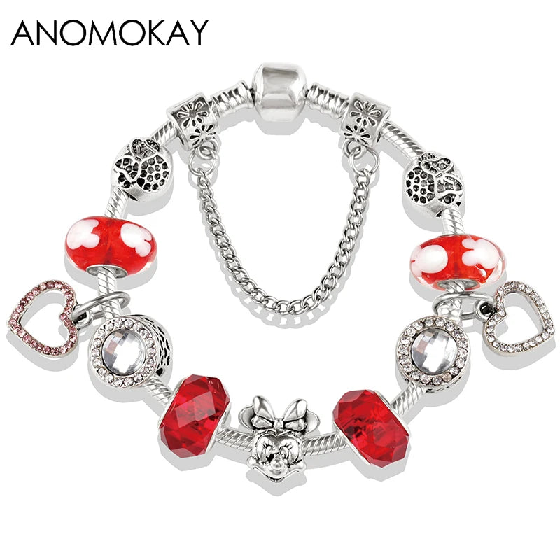 Dropshipping HOT Red Crystal Mickey Minnie Beads Bracelet & Bangle Silver Plated Family Charm Bracelet Fashion Diy Jewelry Gift