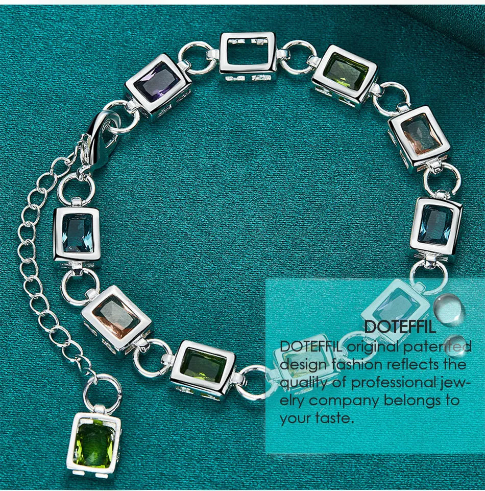 DOTEFFIL 925 Sterling Silver Square inlaid With Multi-color AAA Zircon Bracelet Chain For Woman Engagement Party Wedding Jewelry