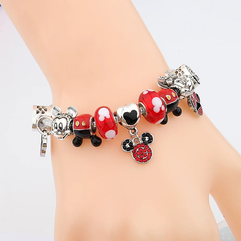 Dropshipping HOT Red Crystal Mickey Minnie Beads Bracelet & Bangle Silver Plated Family Charm Bracelet Fashion Diy Jewelry Gift