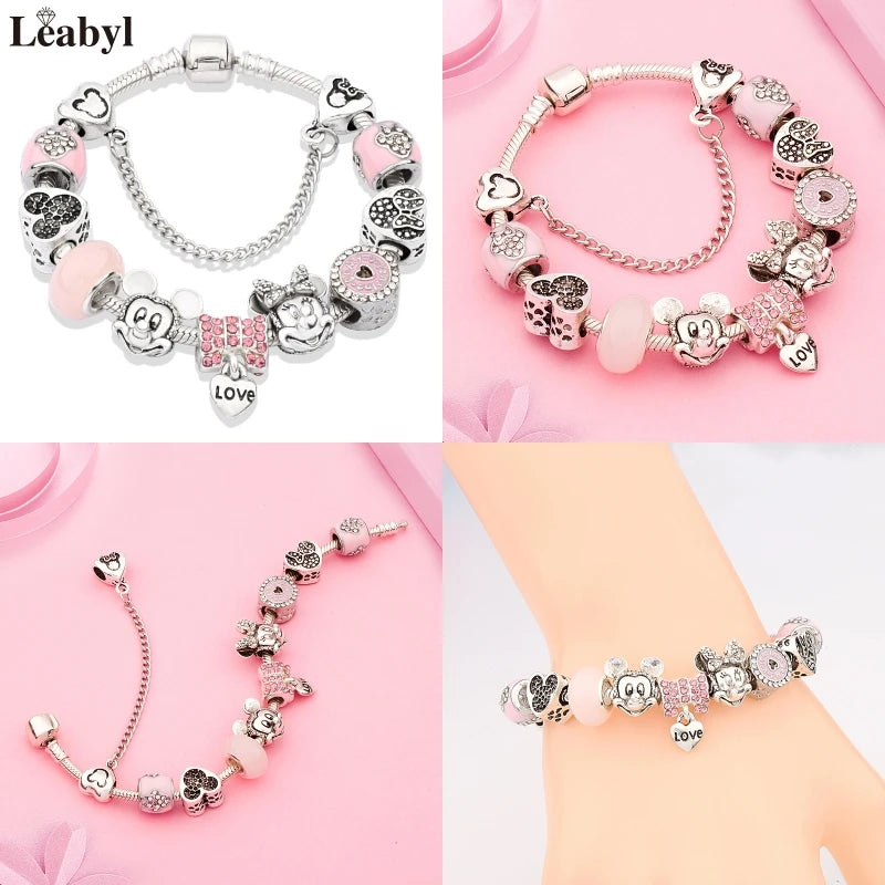 New In Cartoon Mickey Minnie Pendant Charm Bracelet Heart Bowknot Beaded Bracelets & Bangles