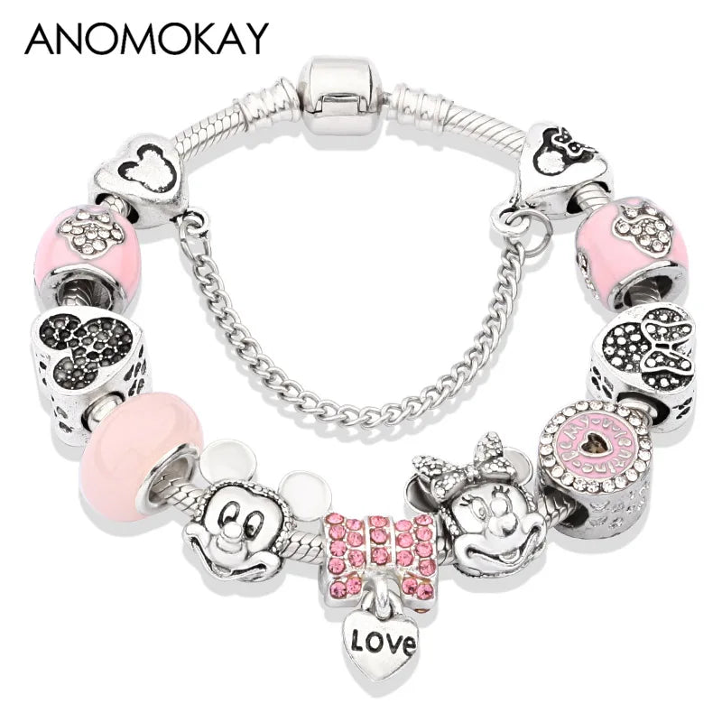 Dropshipping HOT Red Crystal Mickey Minnie Beads Bracelet & Bangle Silver Plated Family Charm Bracelet Fashion Diy Jewelry Gift