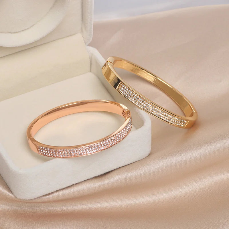 New Elegant Classic Crystal Cuff Bangles Bracelets For Women Gold Color Simple Femal Opening Bangles Wedding Jewelry Accessories