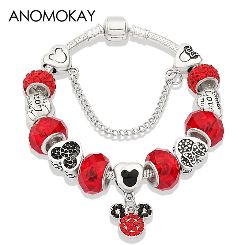 Dropshipping HOT Red Crystal Mickey Minnie Beads Bracelet & Bangle Silver Plated Family Charm Bracelet Fashion Diy Jewelry Gift