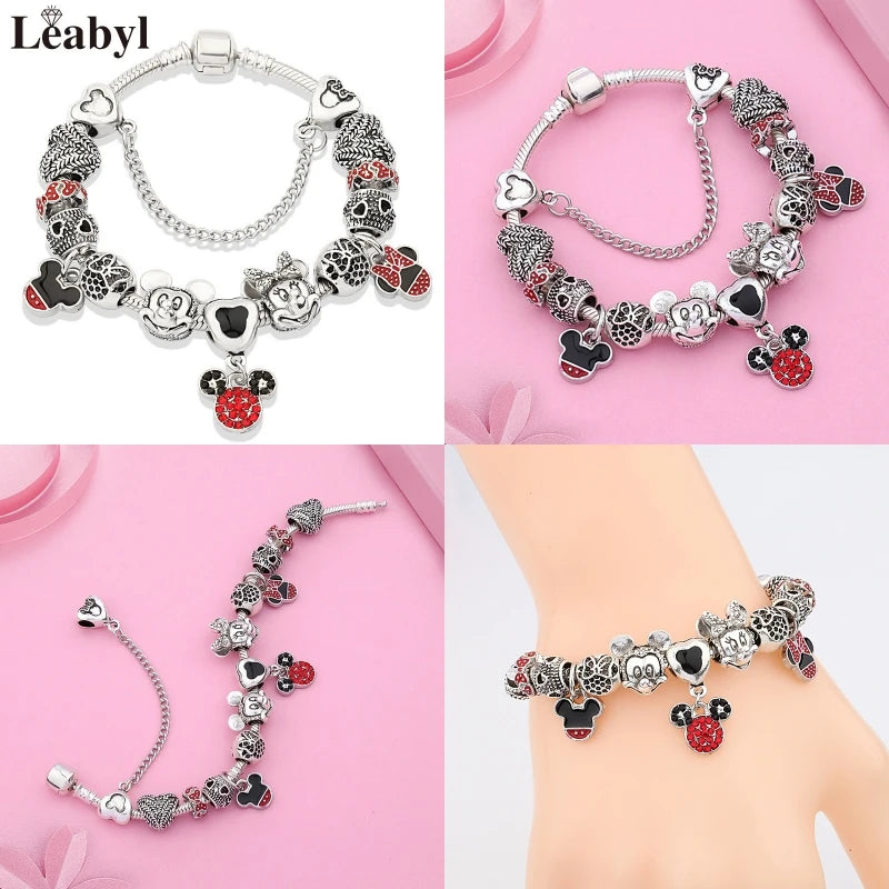 New In Cartoon Mickey Minnie Pendant Charm Bracelet Heart Bowknot Beaded Bracelets & Bangles