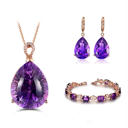 JoiasHome  925 Silver Women Jewelry Set Purple amethyst Gemstone Women Earrings Necklace Bracelet Retro Fine Engagment Jewelry