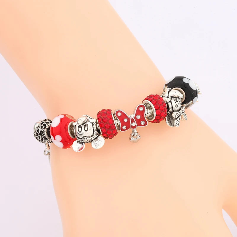 New In Cartoon Mickey Minnie Pendant Charm Bracelet Heart Bowknot Beaded Bracelets & Bangles